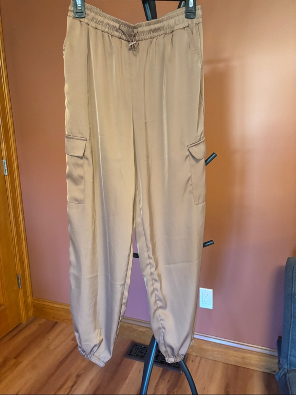 Women's Dressy Satin Tan Cargo Jogger Pants with Elastic Waist